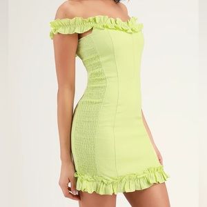 Lulu’s Elati Lime Green Ruffled Off-the-Shoulder Bodycon Dress